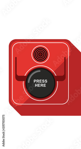 Red emergency button graphic with shadow and press here text isolated