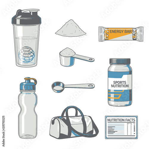Sports nutrition and fitness essentials shaker bottle supplements energy bar vector