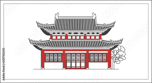 Traditional east asian architecture illustration with red accents and intricate details