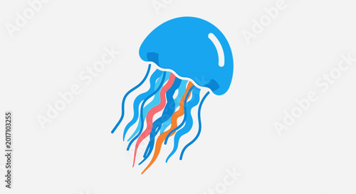 Vibrant illustration of a blue jellyfish with colorful tentacles on white