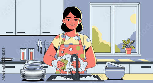 Woman washing dishes in kitchen with sunlight and clean dishes illustration