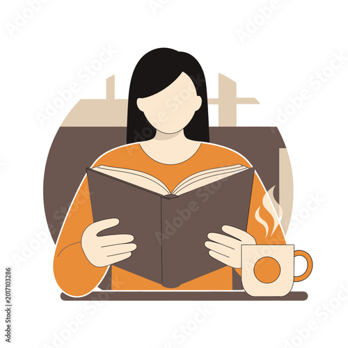 Woman reading book with cup of coffee illustration for relaxation concept