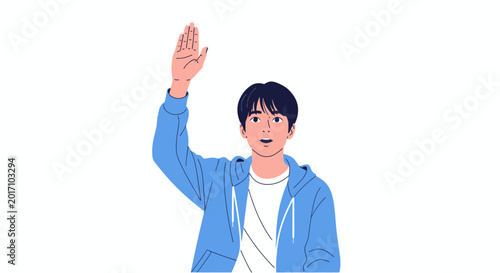 Young man raising hand in the air against a clean white background