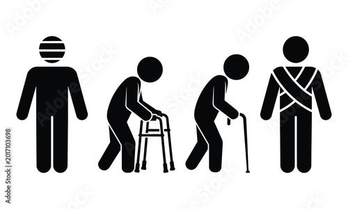 Four icons showing mobility aids and disability awareness