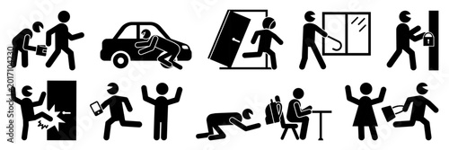 Εκτύπωση καμβά Burglary and property crime icon collection in black