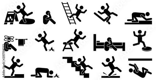Bild auf Leinwand Slip and fall accident icon collection in black
