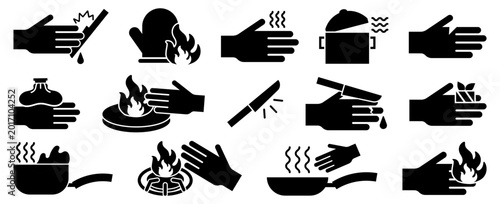 Foto Burn injury and heat hazard icon collection in black