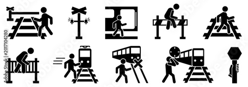 Fotografie Railway crossing and train safety icon collection in black