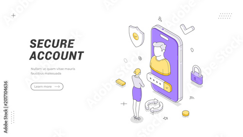 Isometric banner template for secure account access. Vector illustration of data protection technology. Concept for mobile app login, user profile safety, and personal information security
