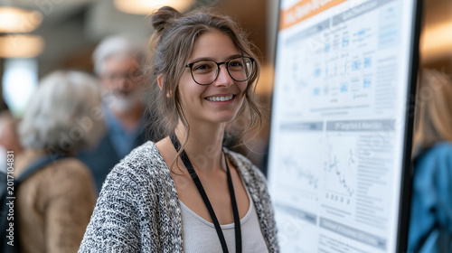 CRISPR precision editing research poster presentation at academic genetics conference, doctoral student standing beside large format display showing base editor mechanism