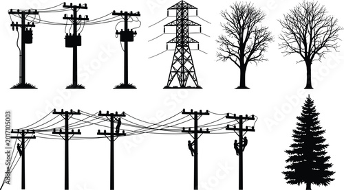 Bild auf Leinwand Utility poles silhouettes with workers climbing, electrical transmission towers,