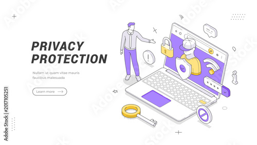 Isometric banner template for data privacy protection. Cyber security vector illustration. A concept for online safety, confidential information, and internet security service landing page
