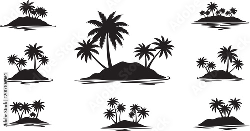 Black Silhouettes of Tropical Islands with Palm Trees