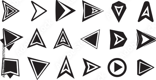 Collection of black play button icons on white