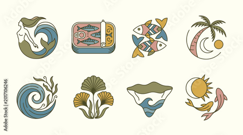 Abstract Island Fantasy Mermaid and Ocean Line Art Vector Set