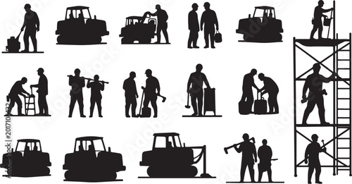 Construction Workers Silhouettes at Work Site Vector Icons