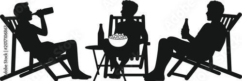 Bild auf Leinwand Three people sitting deck chairs drinking bottles popcorn table silhouette socia