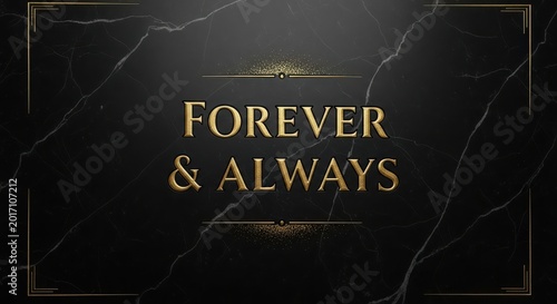 Golden textured lettering forever and always centered on black marble background with ornate decorative frames.