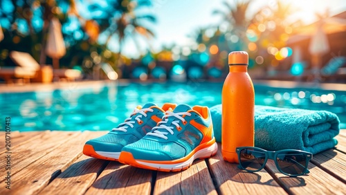 Pair of running shoes water bottle sunglasses and towel on wooden deck by swimming pool. Tropical resort essentials for summer vacation. Fitness and relaxation concept at sunny beach getaway