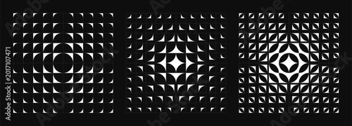 Set of three monochrome abstract patterns featuring dynamic geometric shapes. Transition blend effect from bold to thin creating optical illusions and visual movement. Modern shapes in retro aesthetic
