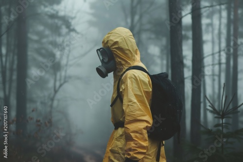 Person in hazmat suit walking through misty forest