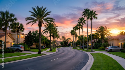 Suburban street with palm trees at sunset
