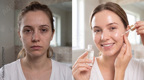 Before and after glass skin, woman with natural complexion and minimal makeup, applying facial serum, glowing healthy skin, skincare routine, bathroom background, happy expression