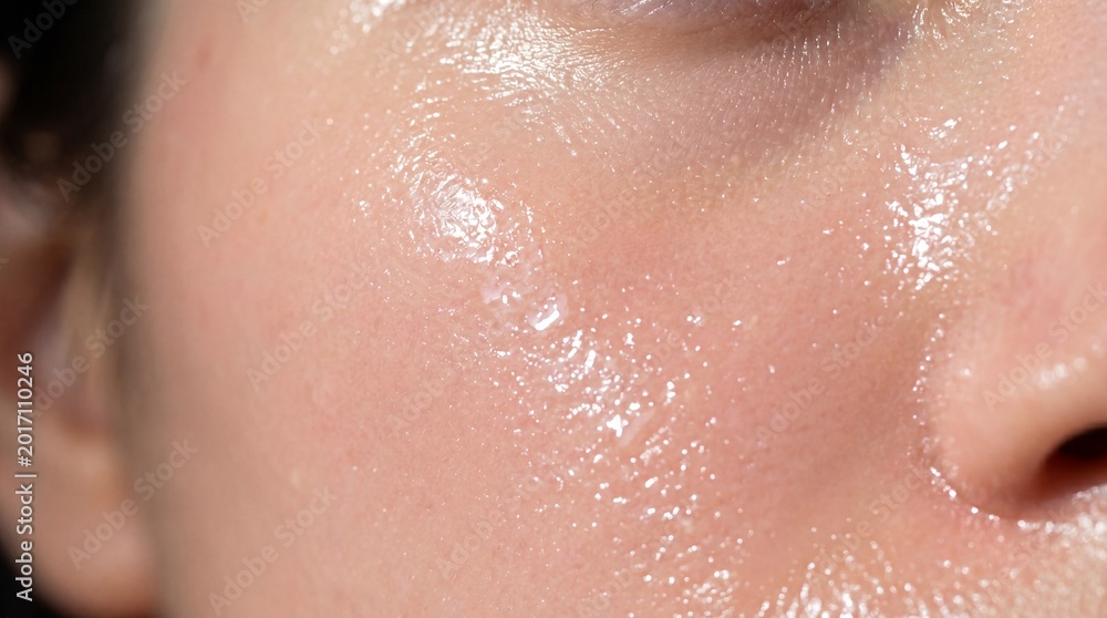 Fototapeta premium Extreme close up glass skin smooth texture glowing complexion hydrated face healthy shine natural beauty clear pore radiant youthful skincare moist surface fresh look