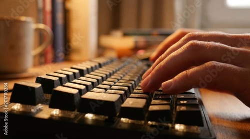 Close-up of a person typing on a computer keyboard with a cozy workspace setting