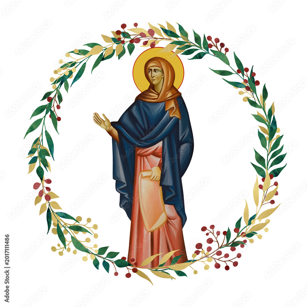 Fototapeta premium Anna the Prophetess. Decorative vintage floral wreath, illustration in Byzantine style isolated