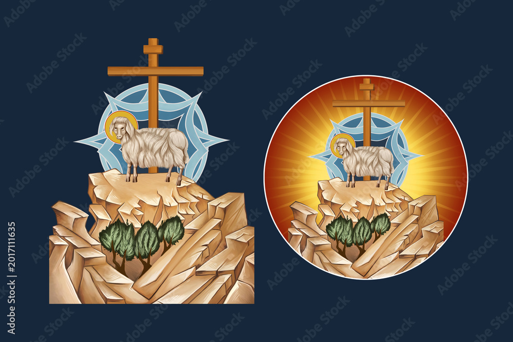 Fototapeta premium Behold the Lamb of God who takes away the sin of the world. Agnus Dei. Illustration - fresco set in Byzantine style