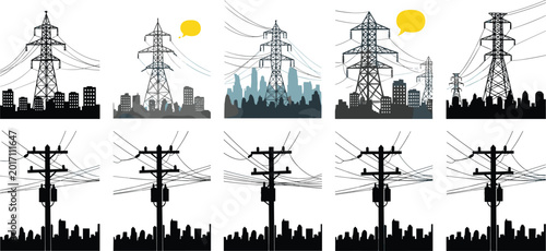 Bild auf Leinwand Collection of high voltage electric power transmission towers and utility poles