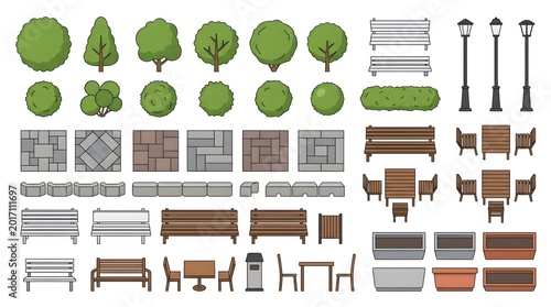 Top view of park elements, trees, benches, streetlights, paving stones.
