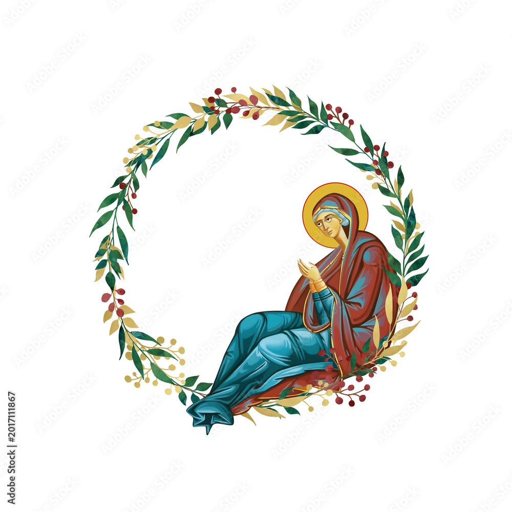Fototapeta premium The Blessed Virgin Mary. Decorative vintage floral wreath, illustration in Byzantine style isolated