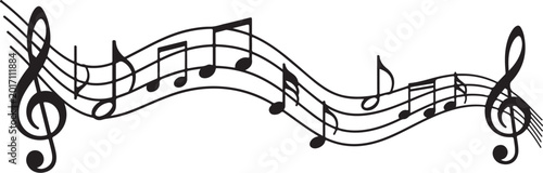 Musical notes and treble clef on white background