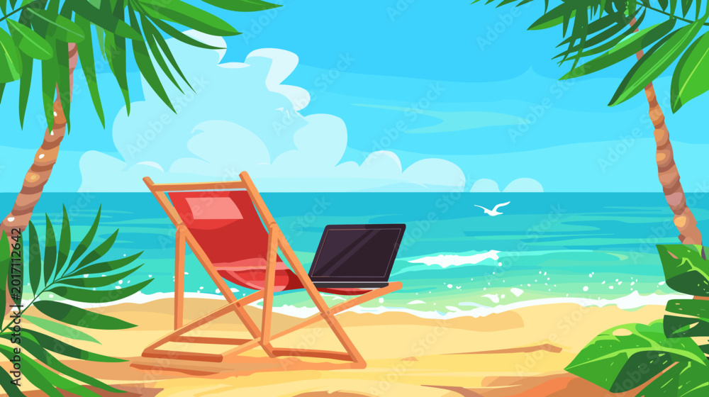 Obraz premium Relaxing Beach Scene with Laptop on Chair Overlooking Tranquil Ocean and Palm Trees