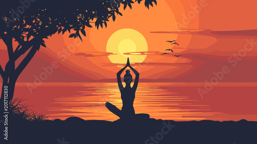 Konstfotografi Silhouette of a Yogi Practicing Meditation at Sunset by the Ocean with Glowing H