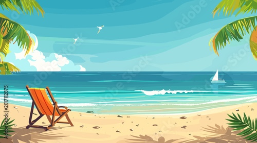 Tableau sur toile Tranquil Tropical Beach Scene with Orange Lounge Chair and Sailboat under Clear