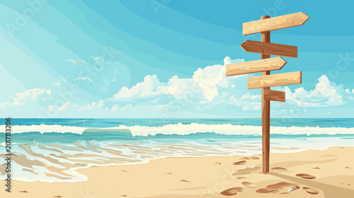 Tableau sur toile Wooden Signpost on a Sandy Beach with Gentle Waves and Blue Sky Under Bright Sun