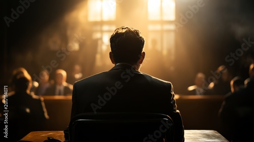 Courtroom drama a tense legal battle judicial setting photography dramatic lighting rear view justice and truth at stake