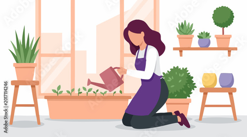 Tableau sur toile Woman watering indoor plants, engaged in home gardening hobby