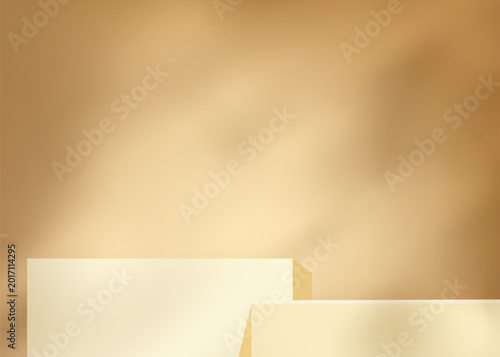 Golden background.Shadow light on brown podium wall and floor backdrop,Interior room soft luxury gradient.Vector luxury product display,Cosmetic branding,Advertising,3d Mockup,Premium showcase design