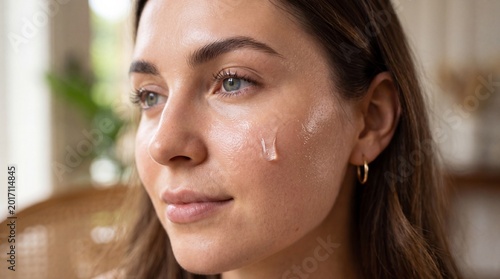 Woman with glowing skin serum drop on cheek natural makeup healthy complexion close up skincare routine youthful appearance moisturizing beauty relaxed expression indoor soft lighting
