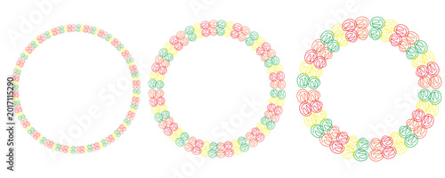 Set of three circular frames made of colorful handdrawn scribbled circles