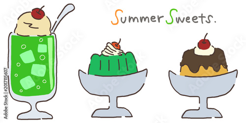 夏 スイーツ ベクターイラスト クリームソーダ ゼリー プリン
