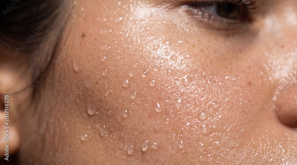 Fototapeta premium Close up of hydrated skin with water droplets glowing complexion smooth texture healthy appearance moisture skincare freshness natural beauty facial care dewy finish youthful radiant