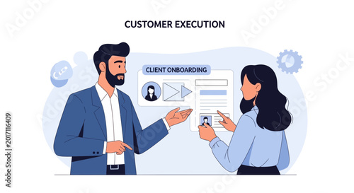 Business team collaborating on client onboarding services for customer execution