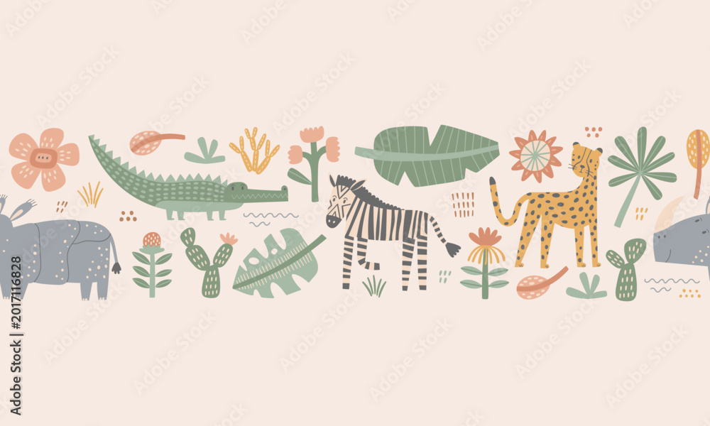Naklejka premium African safari animals and plants seamless border. Cute flat hand drawn nursery characters. Zebra, rhino, cheetah and others. Perfect for prints, jungle themes, wildlife projects, and kids designs.