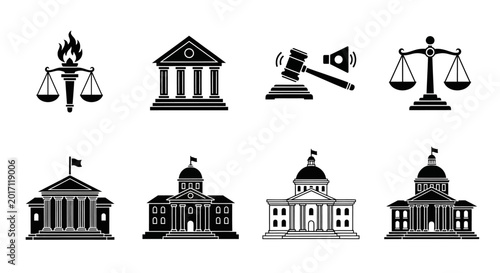 Legal and justice icon set with gavel buildings and scales