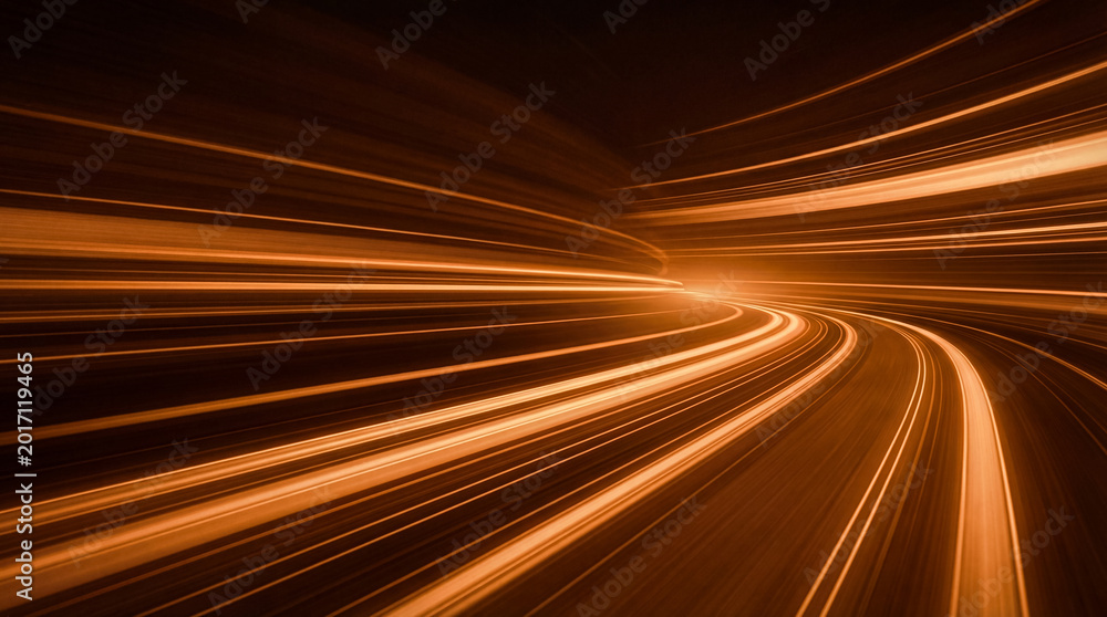 Obraz premium Abstract 3D render of luminous orange light trails curving dynamically into the distance.